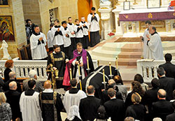 Father C. Ryan McCarthy celebrates a Solemn Requiem Mass for Nathan Trapuzzano at Our Lady of the Most Holy Rosary Parish in Indianapolis on April 5. (Photo by Natalie Hoefer)