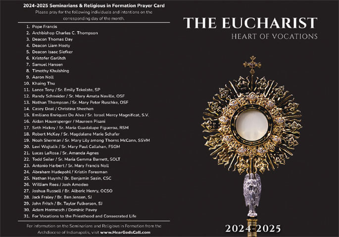 A prayer card for vocations in the Archdiocese of Indianapolis with individual daily intentions for the years 2023-24.