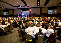 Over 1,200 men from across the diocese and multiple states gathered on Feb. 20 for the Sixth Annual Rekindle the Fire Annual Diocesan Men’s Conference held at the Fort Wayne Coliseum Expo Center on Feb. 20. Above, Matt Fradd offered the first talk of the day, which exposed the realities of the struggles of pornography addiction. The conference’s theme was “Battle Your Goliaths.” Speakers also included Marcellino D’Ambrosio and Jesse Romero. Bishop Kevin C. Rhoades celebrated Mass at the closing of the conference.